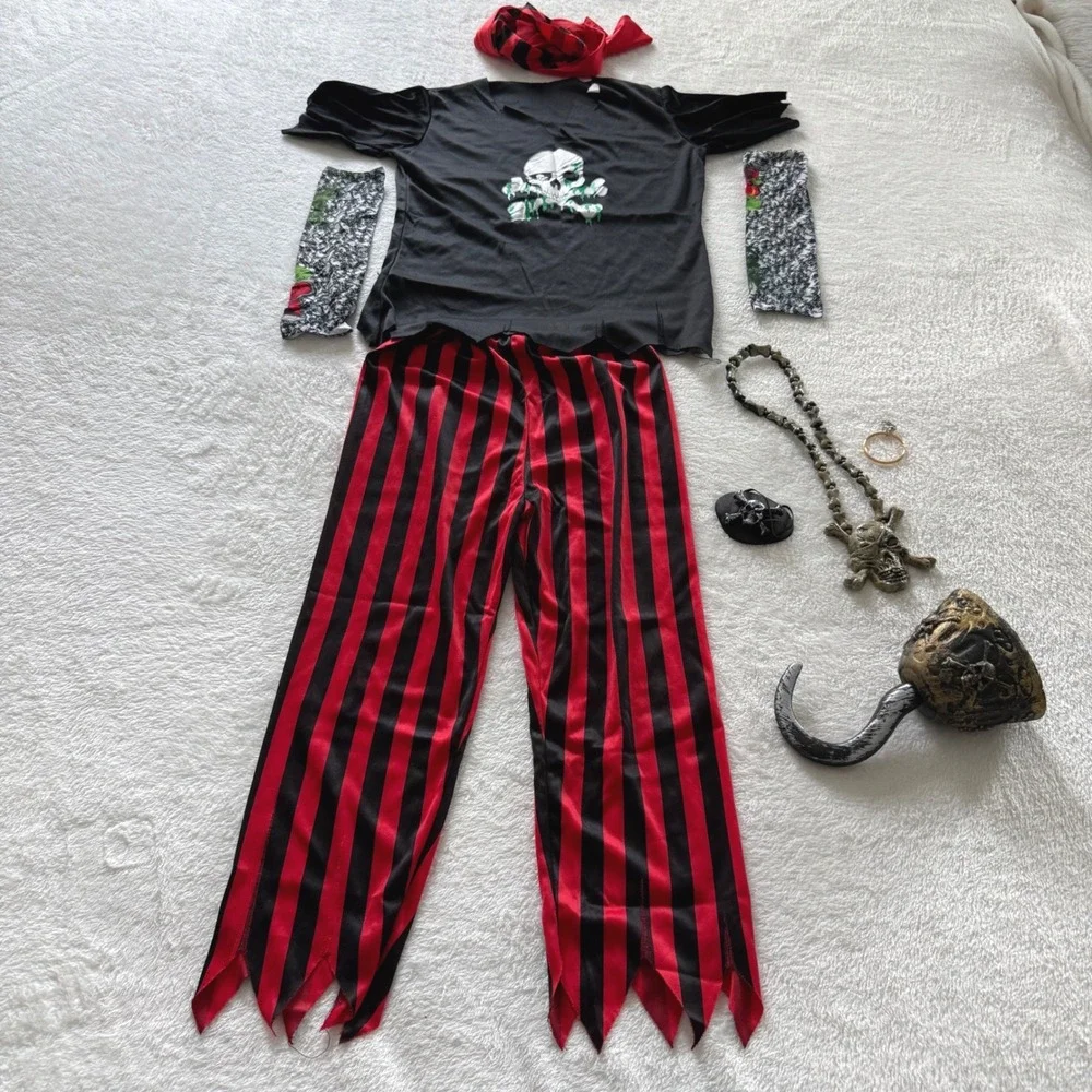 Pirate Costume Kids Size M Black Red Striped Hook Eyepatch Set